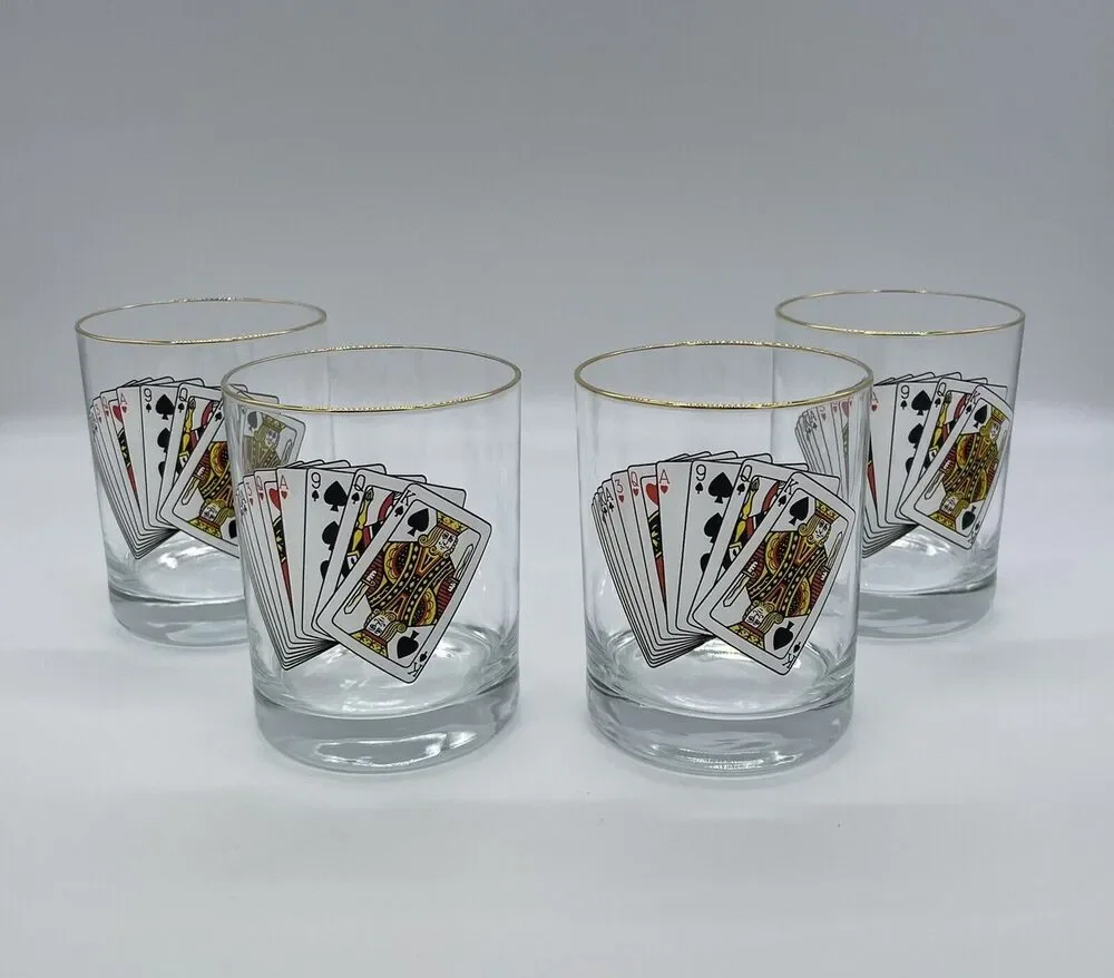 4 Vintage Low Ball Heavy Glass Bourbon Whiskey Playing Cards